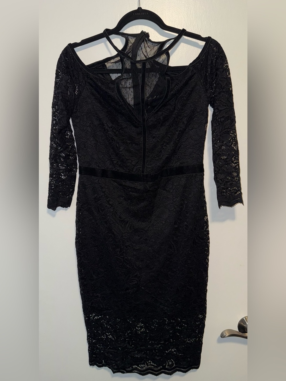 Express Black Lace Long Sleeve Sheath Dress with Strappy Back